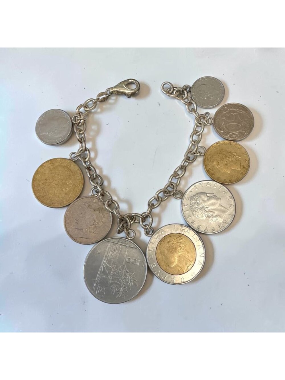 Vintage Sterling Silver Charm Bracelet With 9 Italian Coins 8 Inches Long
